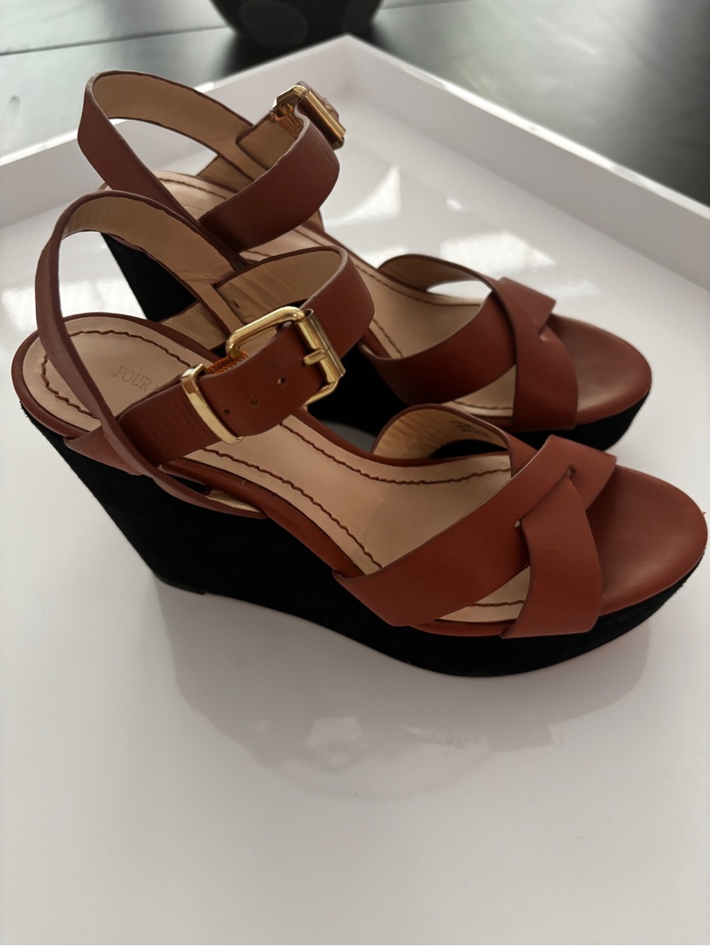 Pour La Victoire Brown Leather Wedge Sandals with Gold Buckles